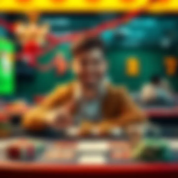 A happy person at a betting table confidently placing their wager with a smile, surrounded by colorful betting slips and festive decor