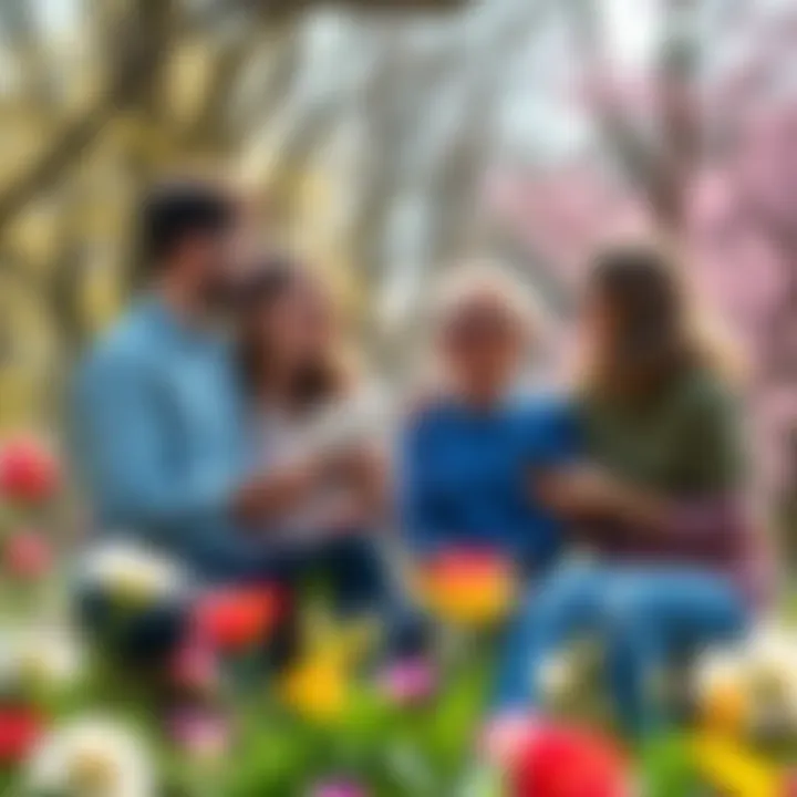 A group of happy people enjoying payday in a sunny park, sharing plans for Easter and spring activities, surrounded by blooming flowers and bright colors.