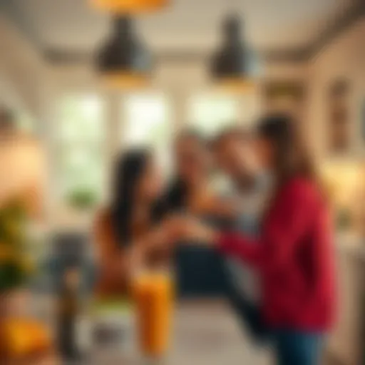 A group of friends smiling while exchanging playful morning greetings in a bright kitchen