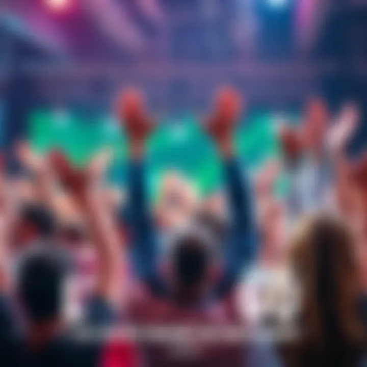 People cheering with excitement A diverse group of people celebrating with raised hands, showcasing enthusiasm and energy in a lively setting.