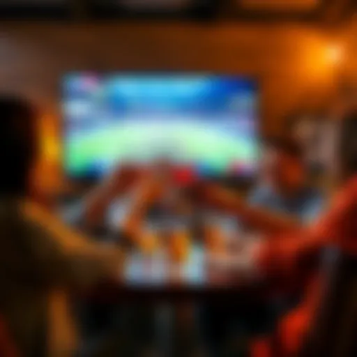 A group of friends celebrating with drinks while watching sports on TV, discussing betting strategies for the game.
