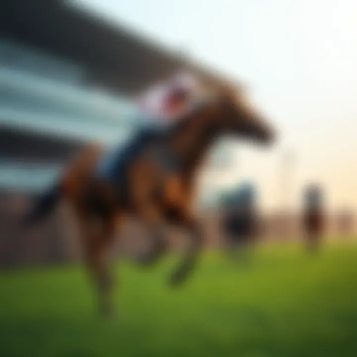 A racehorse galloping on a Cheltenham race track with spectators in the background