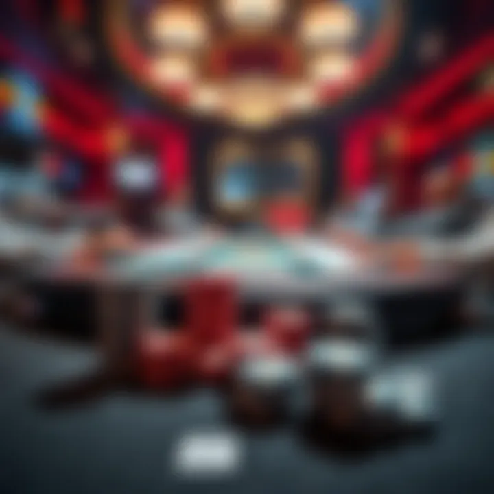 A poker table set in a Chicago casino, featuring players engaging in a game with cards and poker chips stacked high.