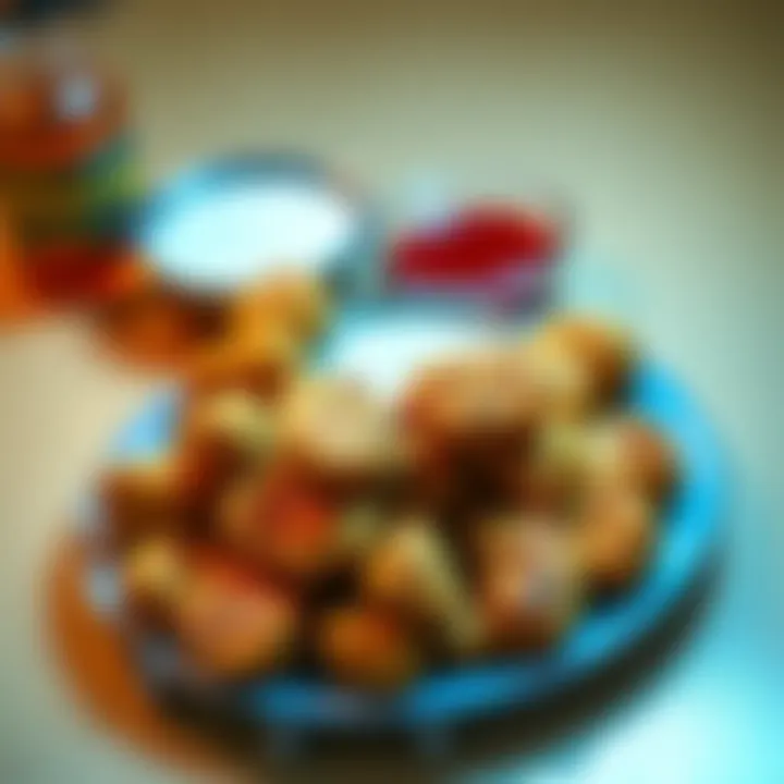 Chicken nuggets on a plate A plate filled with crispy chicken nuggets, ready to be enjoyed with dipping sauces.