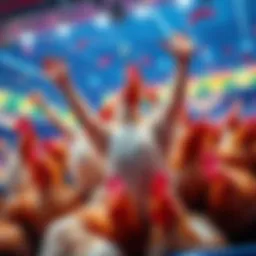 Players joyfully celebrating after hitting 15,000 times in a game, with images of chickens around them.