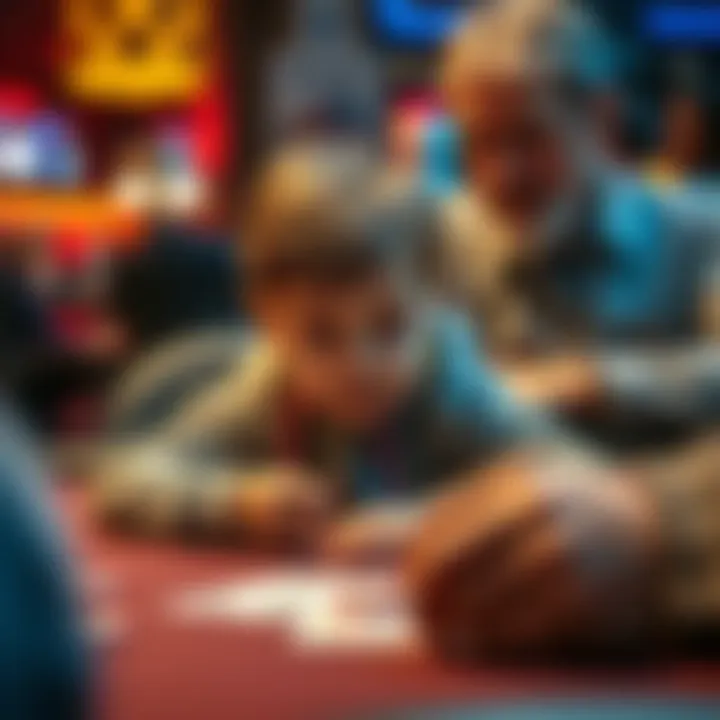 Childhood Gambling Awareness A child sitting at a table with cards and chips, looking concerned while an adult observes, symbolizing the impact of childhood gambling addictions.