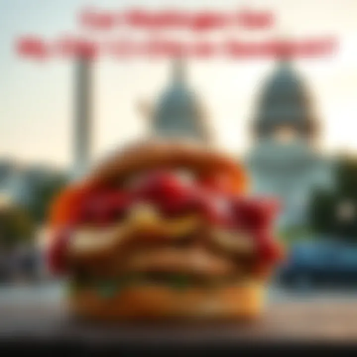 A close-up of a delicious Chili's chicken sandwich with toppings, placed in front of a Washington, D.C. backdrop.