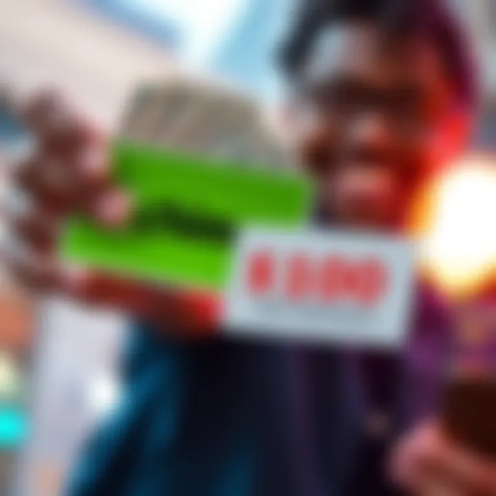 A person holding cash with Chime logo and a sign indicating $100 bonus for new users after deposit