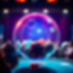 A clear bubble filled with colorful poker chips, with people gathering around to guess the amount inside
