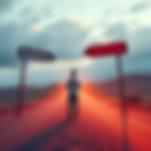 A person standing at a crossroads, looking at two signs: one pointing to safety and the other to adventure, symbolizing decision-making and risk-taking.