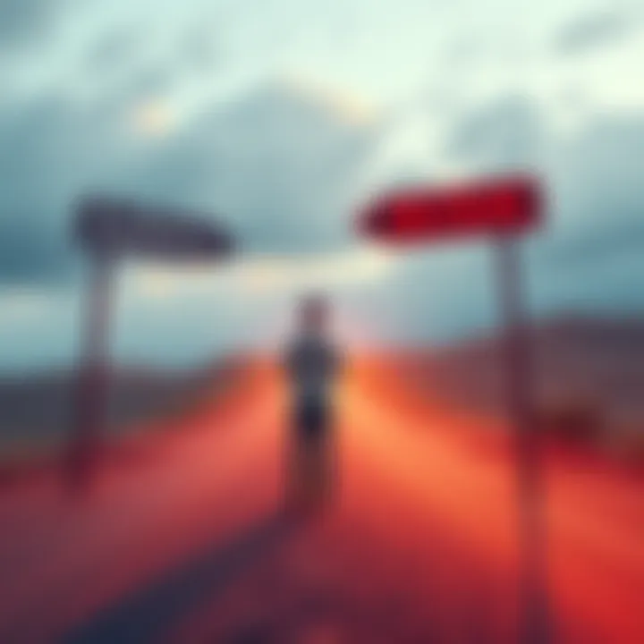 A person standing at a crossroads, looking at two signs: one pointing to safety and the other to adventure, symbolizing decision-making and risk-taking.