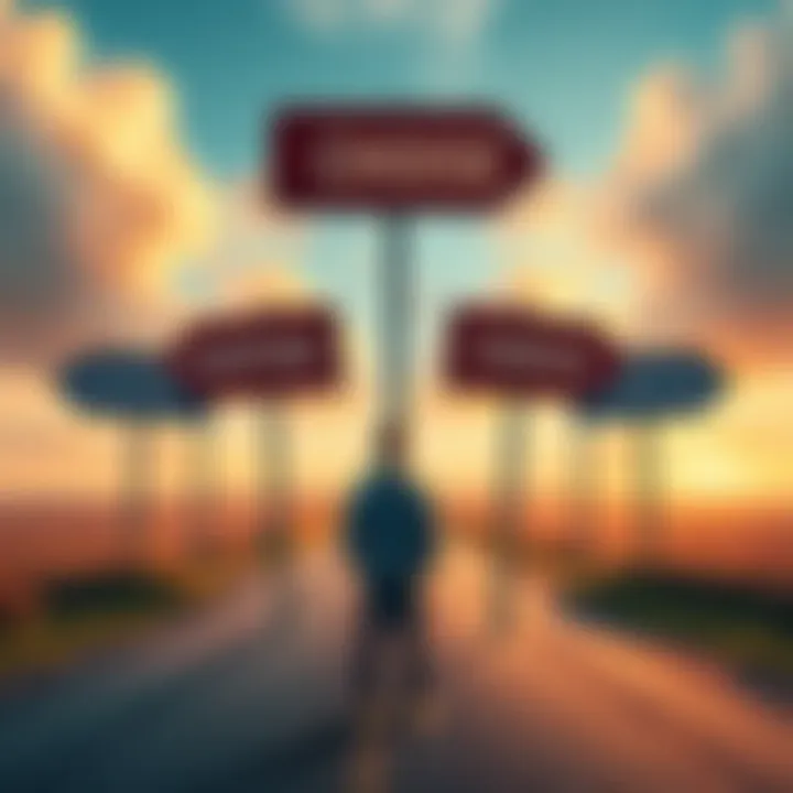 Choosing Options A person standing at a crossroads with different signs pointing to various choices, looking thoughtful about which path to take.