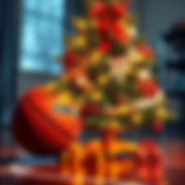 A festive basketball scene featuring a decorated tree and a basketball, symbolizing a Christmas bet
