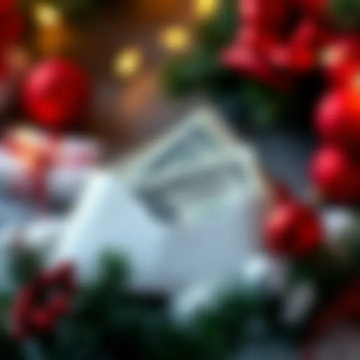 An envelope with money and a festive Christmas decoration, symbolizing Christmas bonuses.