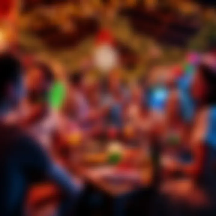 A group of people enjoying a summer Christmas party with festive decorations, food, and drinks.