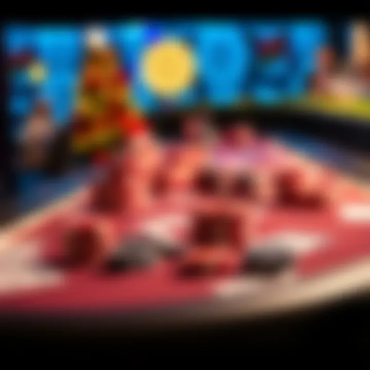 A festive poker table decorated for Christmas with cards and chips, showcasing a lively game atmosphere