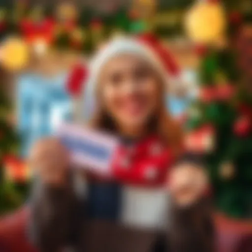 A cheerful person holding a winning ticket with a big smile, surrounded by festive decorations and holiday lights.