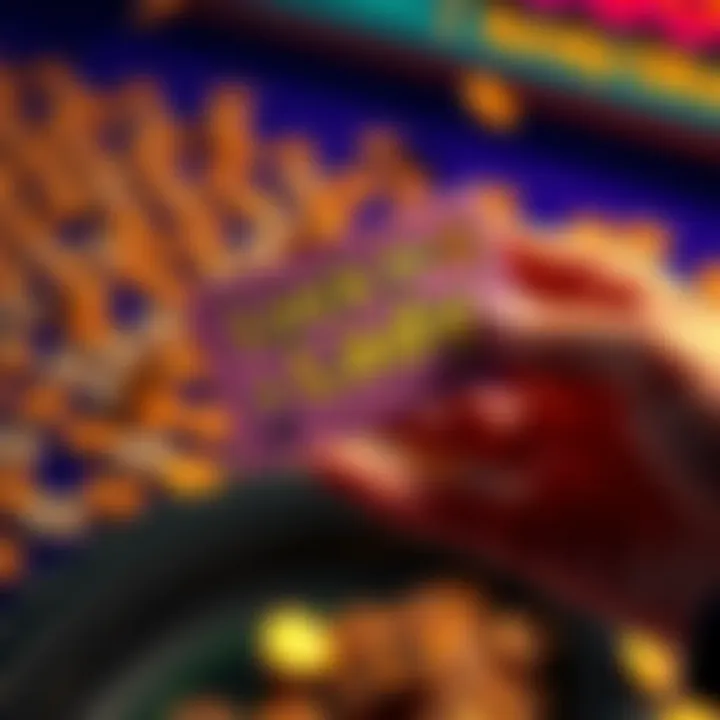 A hand holding a Chumba scratcher ticket with coins scattered around it, showing excitement and potential winnings.
