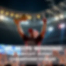 A champion holding a trophy high after winning a circuit event, surrounded by cheering fans and bright lights.
