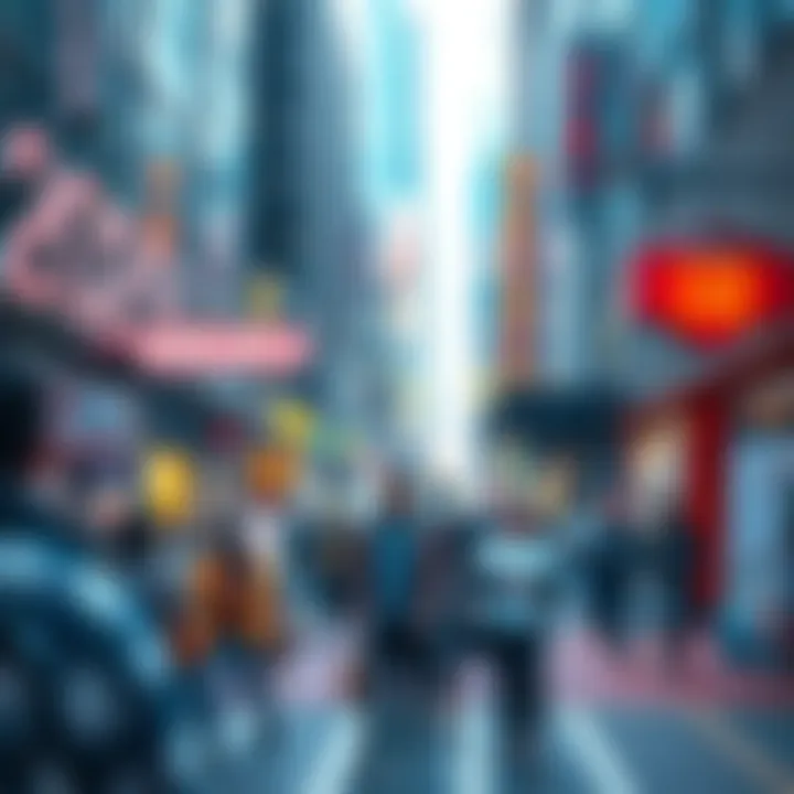 A busy street in a modern city, showing people interacting with technology and each other, highlighting daily life challenges in 2025.