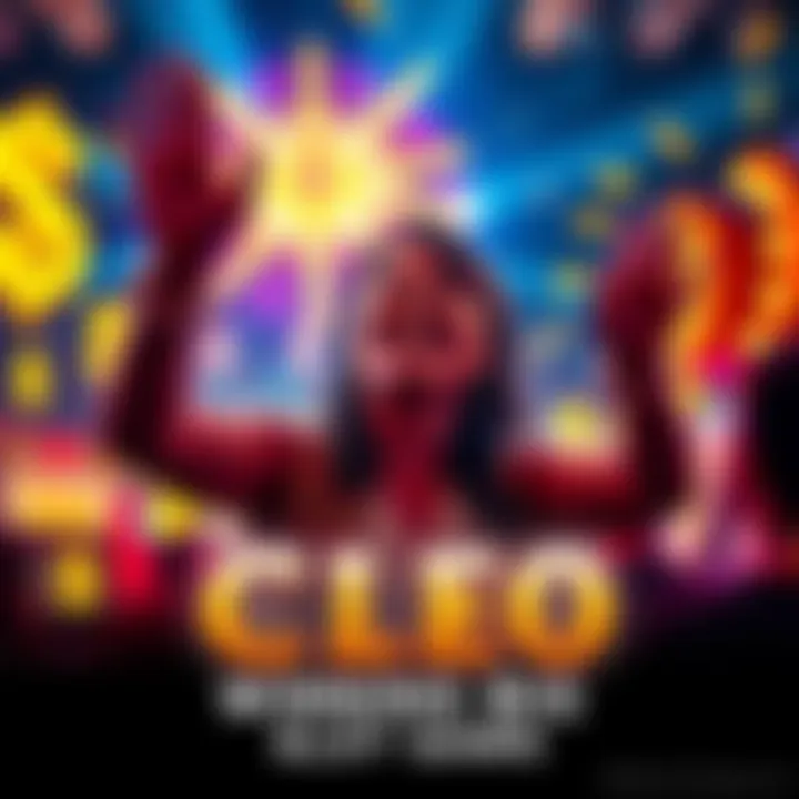 A player celebrating a win on the Cleo slot game with bright lights and dollar signs in the background.