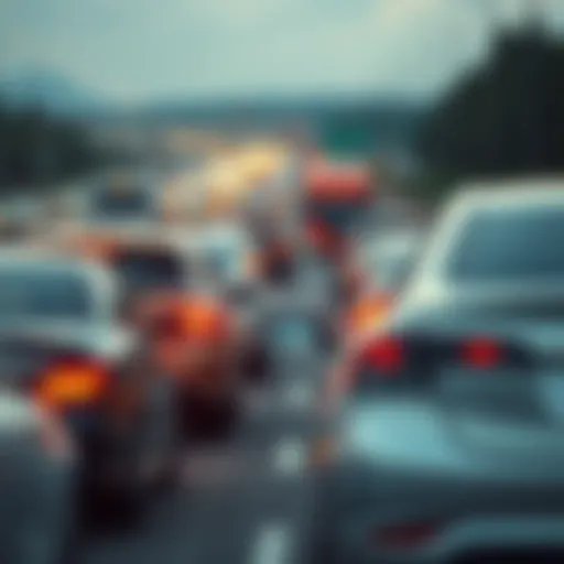 Cars driving too closely on a busy highway, highlighting the dangers of tailgating.