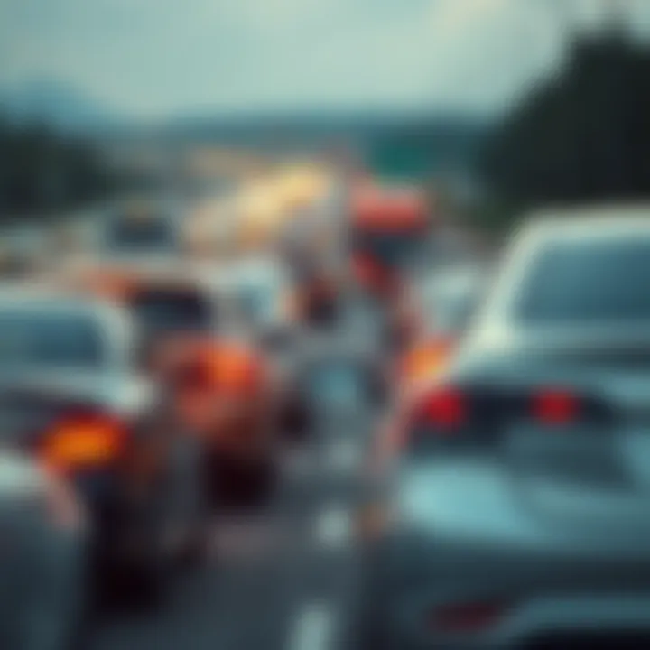Cars driving too closely on a busy highway, highlighting the dangers of tailgating.