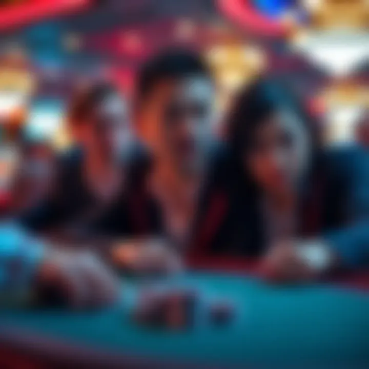Gamblers looking anxious at a casino table during a risky game, stressing over potential losses.