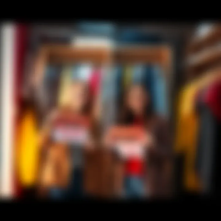 Two people smiling and holding T bucks with closets full of stylish clothes in the background