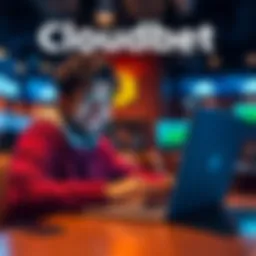 A person happily using a laptop to place bets on Cloudbet, showcasing a user-friendly interface and Bitcoin transactions.