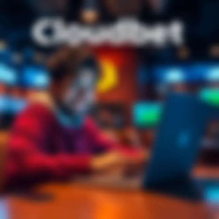 A person happily using a laptop to place bets on Cloudbet, showcasing a user-friendly interface and Bitcoin transactions.
