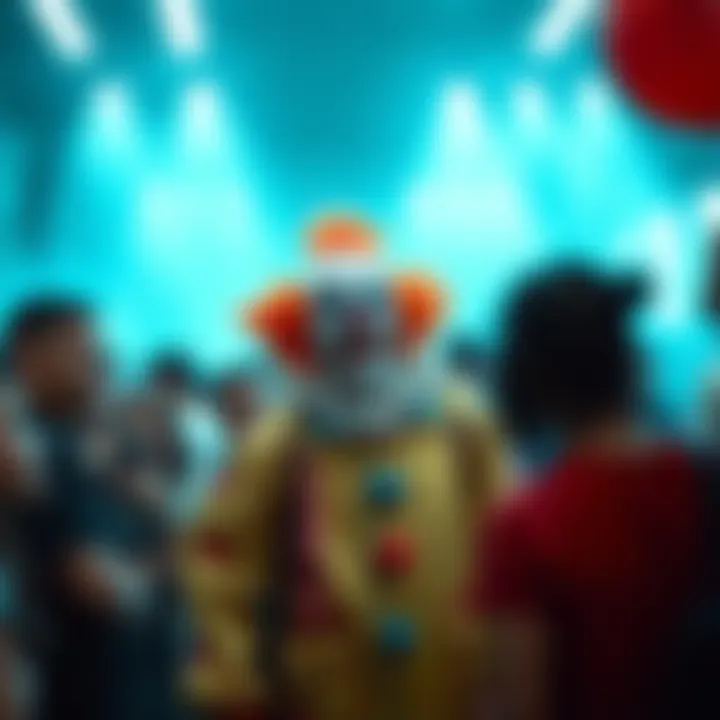 Person in Clown Costume Causing Controversy A clown in a colorful costume standing in a crowd, with people reacting in shock and confusion around them.