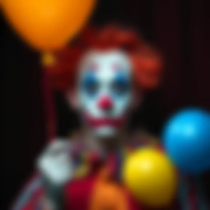 A clown in colorful costume with a painted sad expression, holding a balloon in one hand and looking thoughtful, reflecting feelings of loss despite being a performer