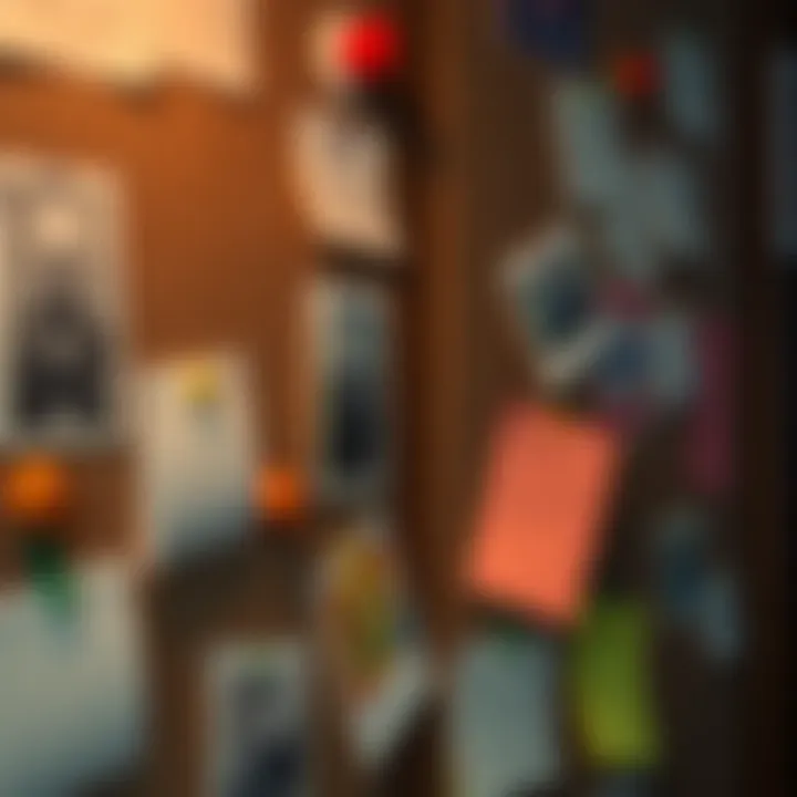 A close-up of a clue board with various notes and pictures pinned, inviting discussion and thought.