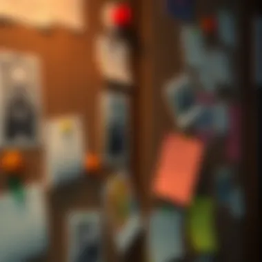 Clue Board A close-up of a clue board with various notes and pictures pinned, inviting discussion and thought.