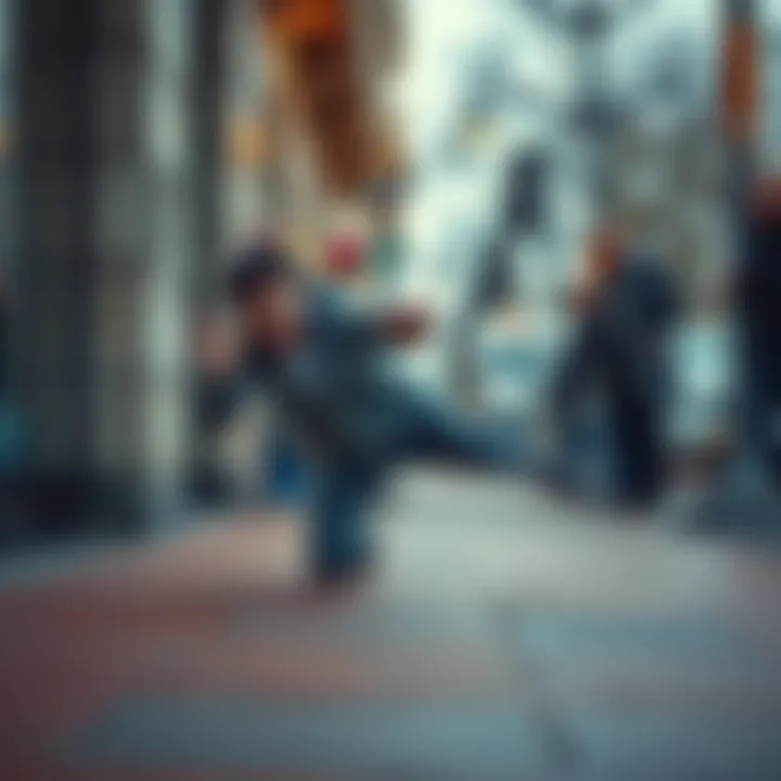 A person stumbling and falling on the sidewalk, with a surprised expression and laughter from onlookers nearby.