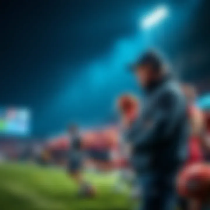 A football coach talks with players on the sideline during a game, contemplating player adjustments after a significant deficit.