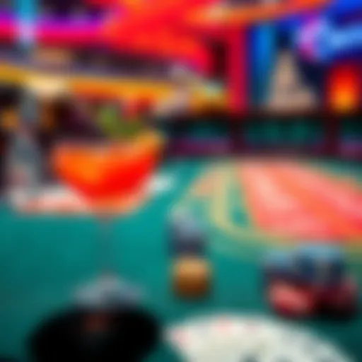A vibrant cocktail sits next to a casino table with chips and cards, showcasing the Vegas gambling experience.