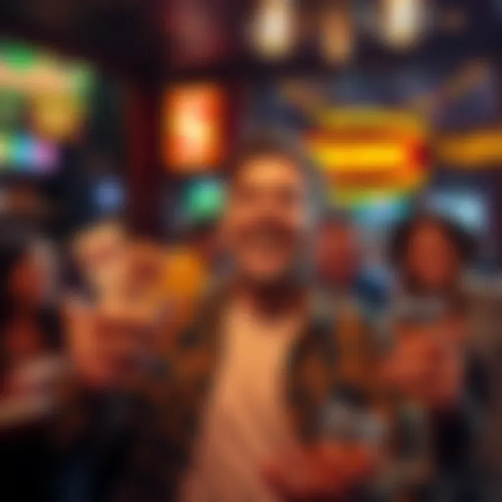 Cody Brown with a big smile, showing betting tickets and celebrating his recent success in gambling, surrounded by friends at a lively sports bar.