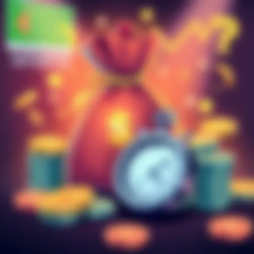 An illustration showing a money bag with dollar signs, a jackpot icon, and a stopwatch, symbolizing payout times on CoinPoker after hitting a jackpot.
