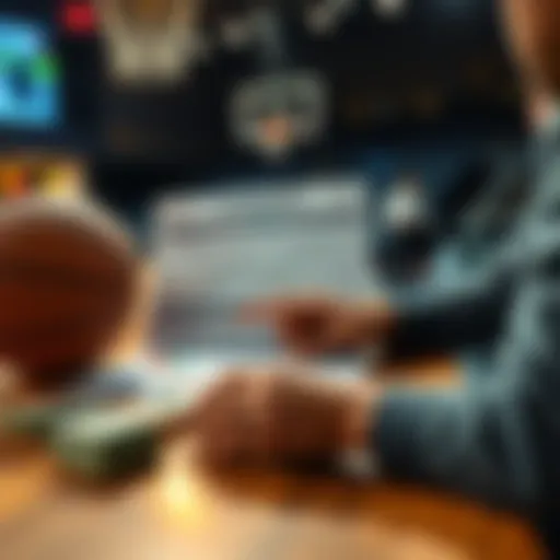 College Basketball Betting Strategy A person reviewing college basketball stats and betting strategies on a table, with a basketball and cash visible