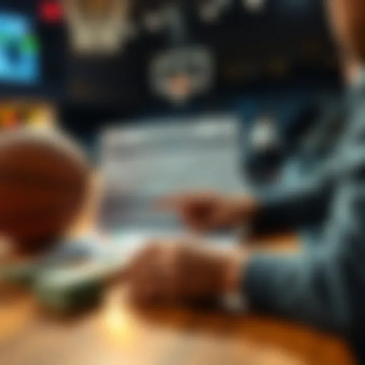 College Basketball Betting Strategy A person reviewing college basketball stats and betting strategies on a table, with a basketball and cash visible