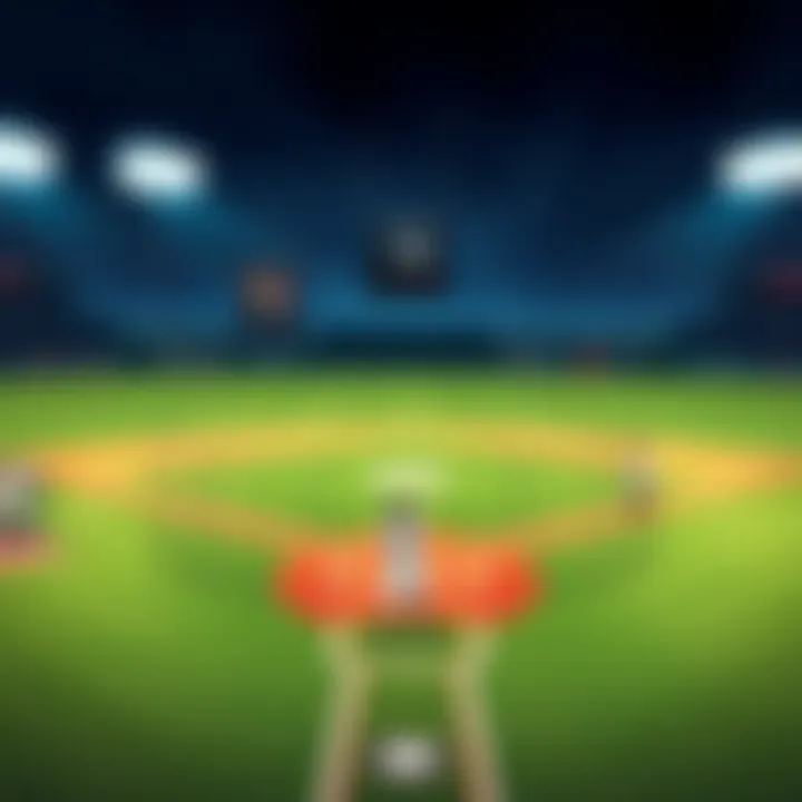 A baseball field with players preparing for a game, with betting odds displayed on a digital board, illustrating expert analysis for college baseball betting.