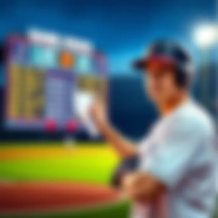 A baseball player points to a scoreboard showing college baseball game odds with a betting slip in hand