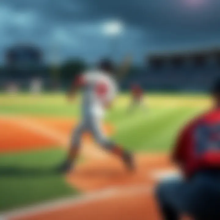 Players from two college baseball teams compete on the field during an intense game.