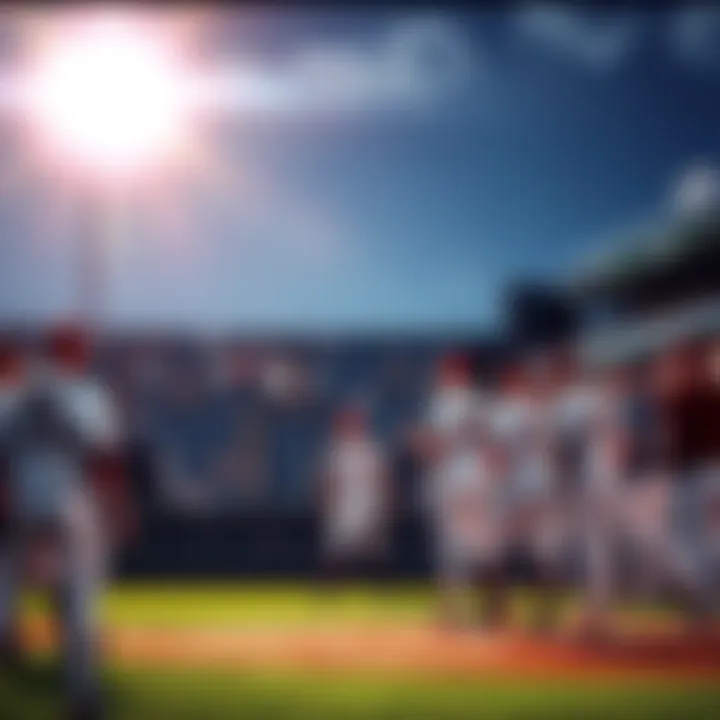 Two college baseball teams prepare for a game, with players in uniforms warming up on the field and fans in the stands excited for the action.
