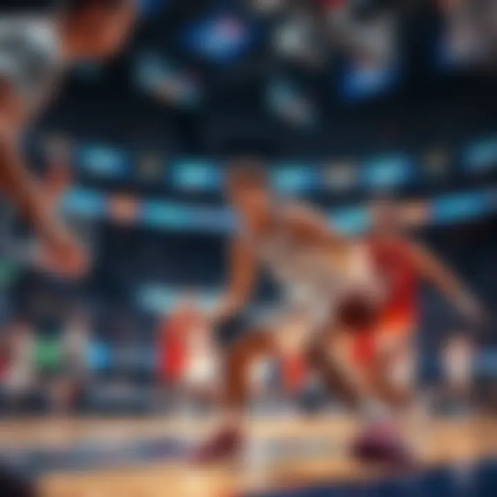 Players competing in a college basketball game during March Madness