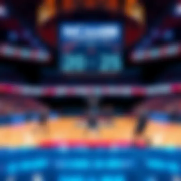 A basketball court with betting odds displayed on a screen, featuring players in action during a game.