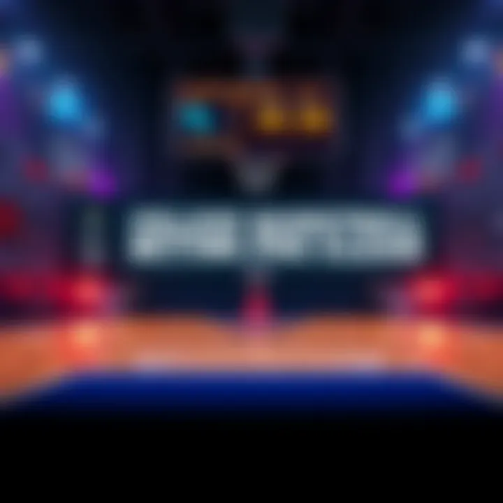 A basketball court with promotional betting offers displayed on a scoreboard, showing simple terms and conditions for college basketball betting.