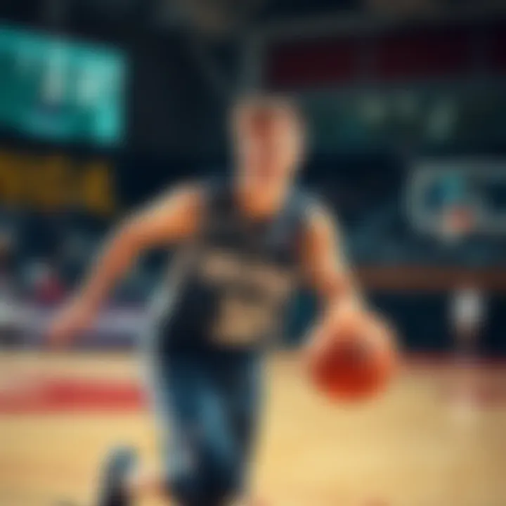 A player in a college basketball uniform dribbling a ball on the court, showing excitement and determination during practice